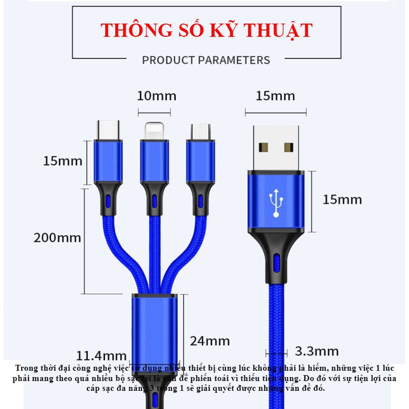 Cáp sạc nhanh 3 đầu 3in1 QC3.0 3A dây dù chống rối Chip PRC chính hãng TypeC lightning MicroUSB