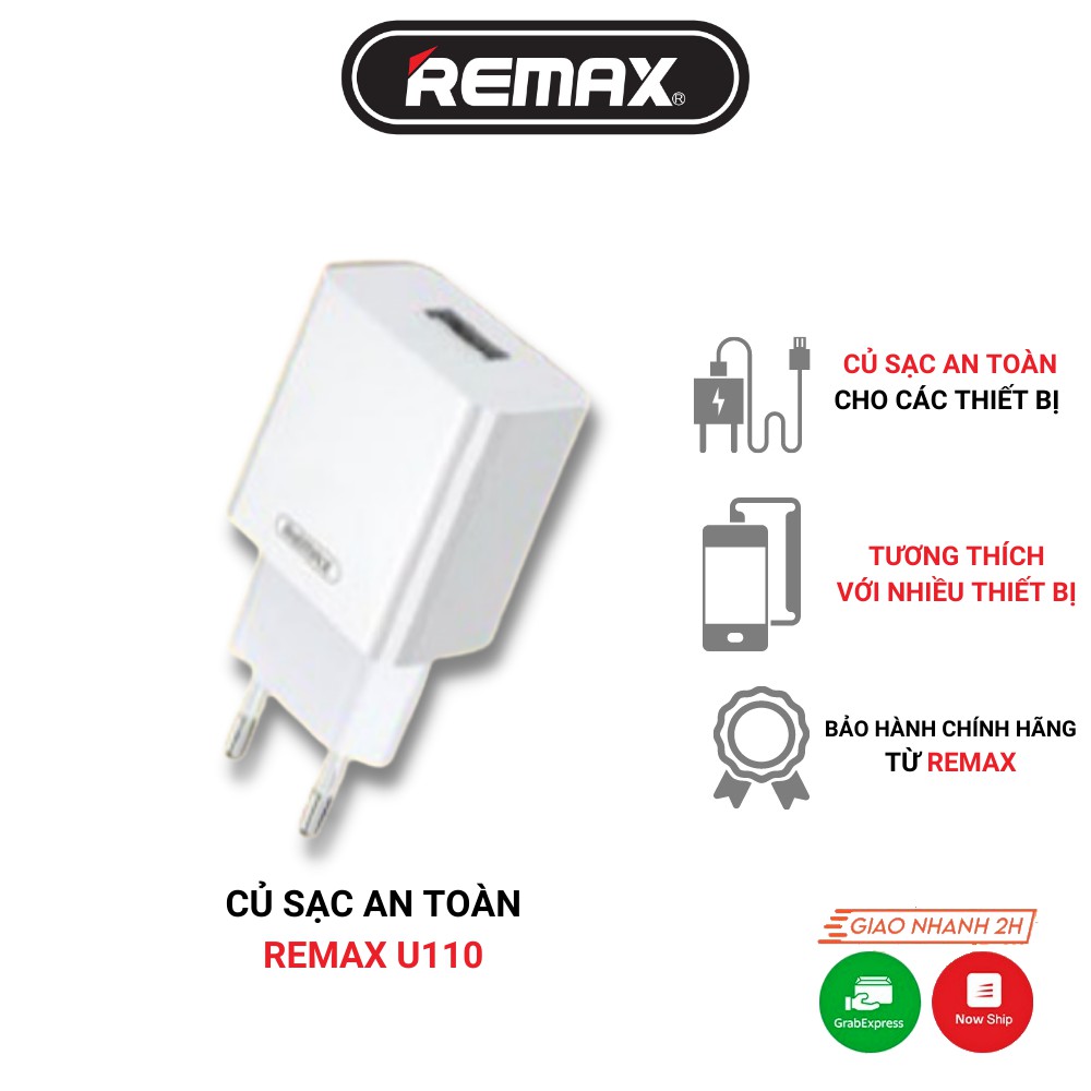 Củ sạc an toàn Remax RP U110 dành cho Samsung, Iphone, Ipad, bảo hành chính hãng toàn quốc 6 tháng