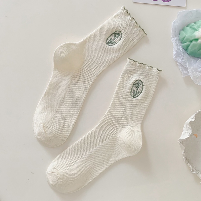 Đôi Vớ Cotton Màu Kem Thêu Hình Hoa Tulip Phong Cách Hàn Quốc Dành Cho Nữ