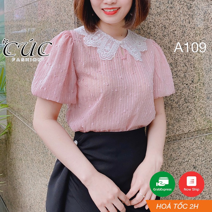 Áo sơ mi nữ công sở cao cấp Cúc Fashion A109 áo somi cổ ren tuyết