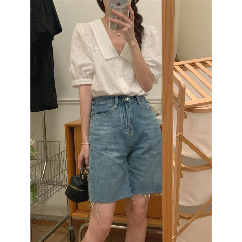 Áo Sơ Mi Trắng Tay Ngắn Cổ Peter Pan Thêu Họa Tiết Phong Cách Hàn Quốc 52112