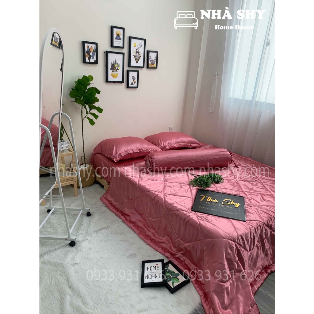 TRỌN BỘ DRAP GIƯỜNG PHI LỤA BÓNG CAO CẤP - MÀU HỒNG ĐẤT - MÃ 05