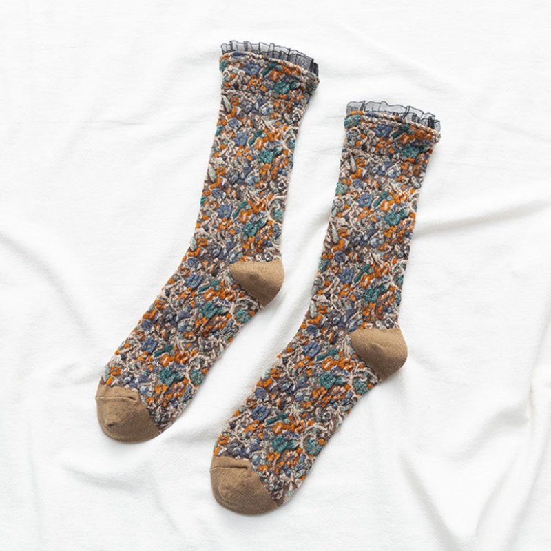 Xiangbao Vớ Ống Lửng Vừa In Hoa Phối Ren Bèo Nhiều Màu Sắc Phong Cách Harajuku Nhật Bản Ngọt Ngào Vintage