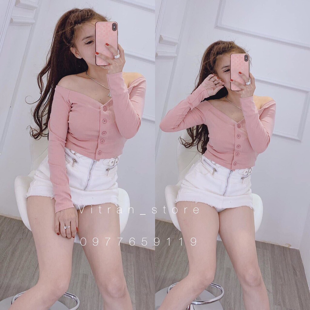 Áo croptop nữ xinh tay dài đính hàng nút cực xinh