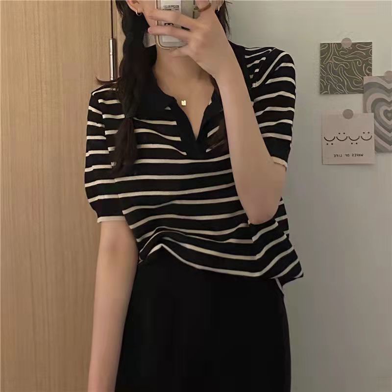 Áo Thun polo Ngắn Tay Cổ Chữ v Họa Tiết Kẻ Sọc Thời Trang Mùa Hè Hàng Mới Dành Cho Nữ