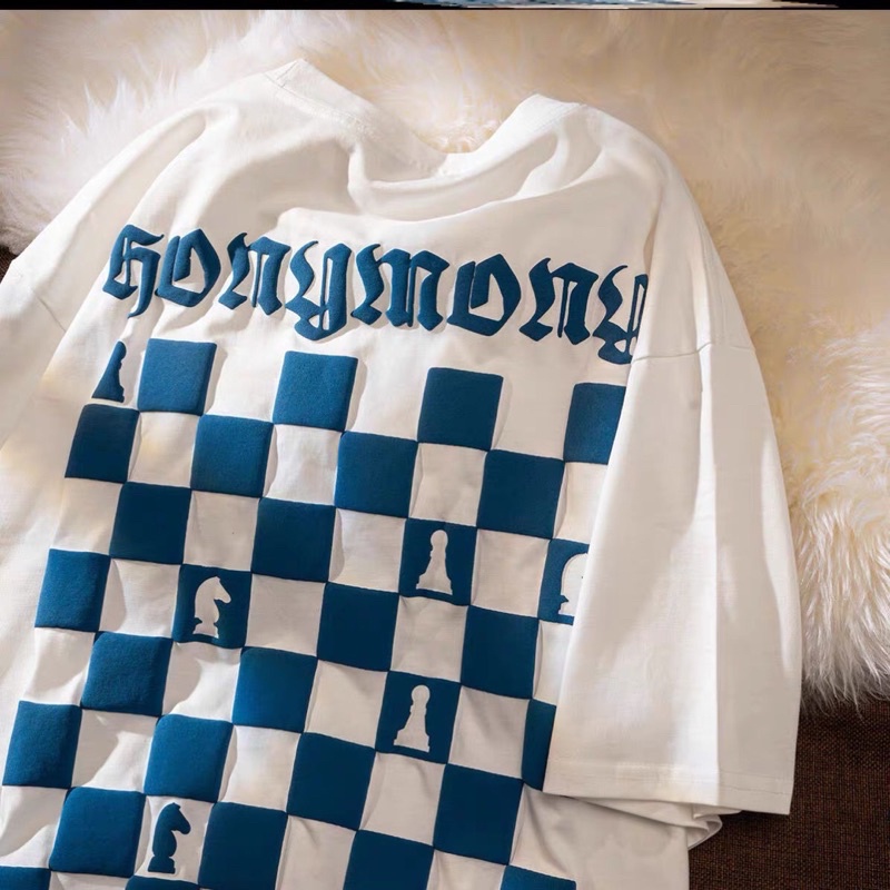 Áo phông nam nữ form rộng 2N Unisex thun cotton in Bàn cờ trắng/xanh/be