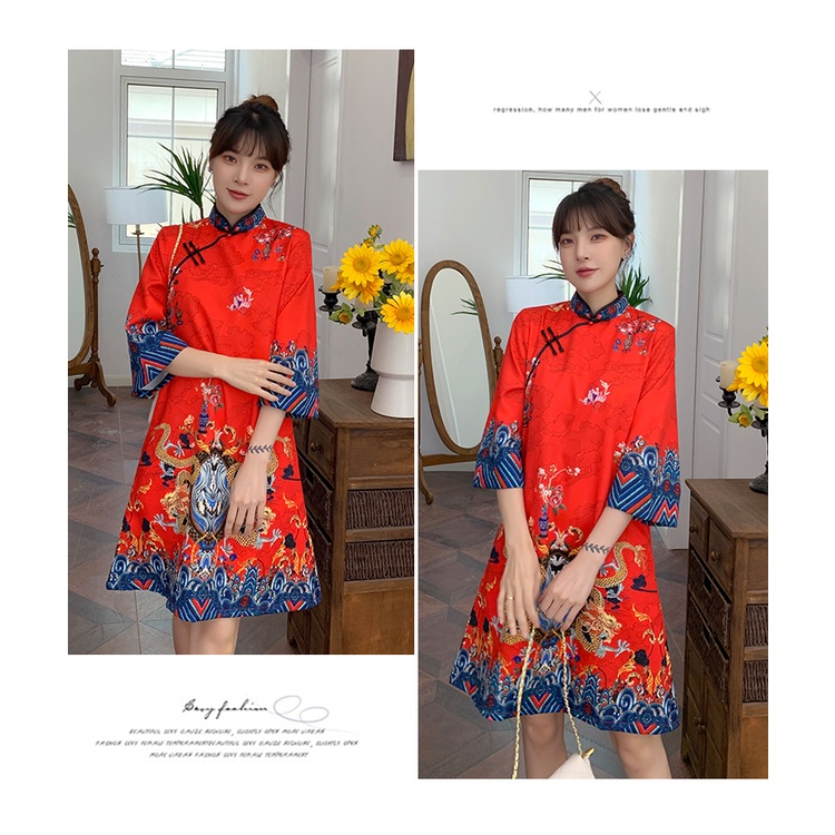 Đầm sườn xám Trung Hoa dáng chữ A tay lỡ thời trang nữ