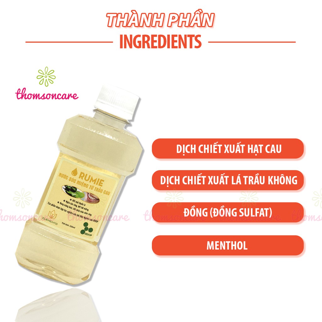 Nước súc miệng trầu không chai 220ml Rumie - hết sâu răng, hôi miệng, nhiệt miệng, giúp thơm miệng