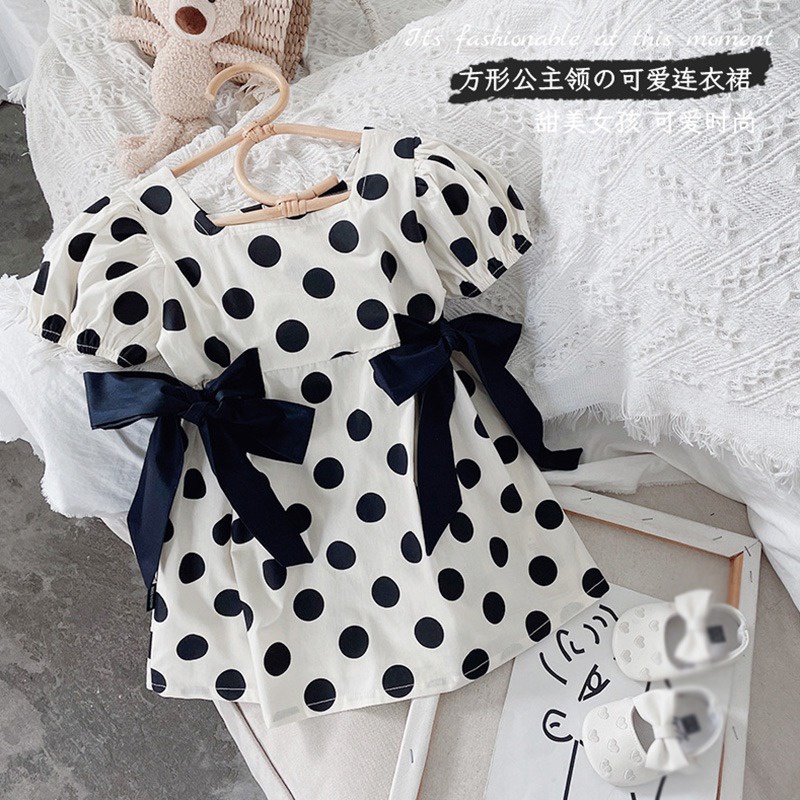 Đầm Công Chúa Tay Phồng Thắt Nơ Họa Tiết Chấm Bi Phong Cách Hàn Quốc Thời Trang Mùa Hè Dành Cho Bé Gái