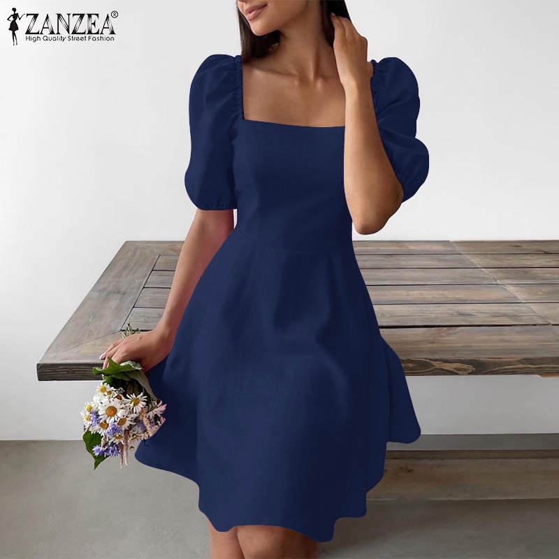 Đầm Mini ZANZEA tay phồng cổ vuông màu trơn thời trang cho nữ
