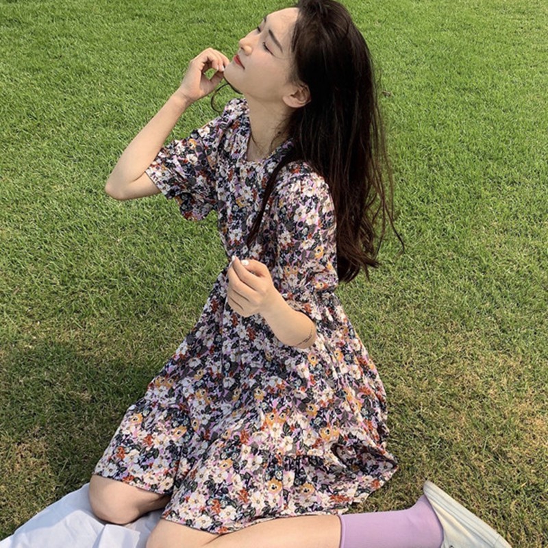 Đầm Tay Ngắn Hoạ Tiết Hoa Thiết Kế Thanh Lịch Phong Cách Hàn Quốc