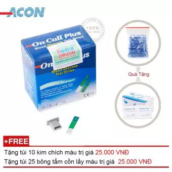 Que thử đường huyết Acon On call Plus 25 que (Xanh trắng) + Tặng túi 10 kim chích máu + Tặng túi 25 bông tẩm cồn