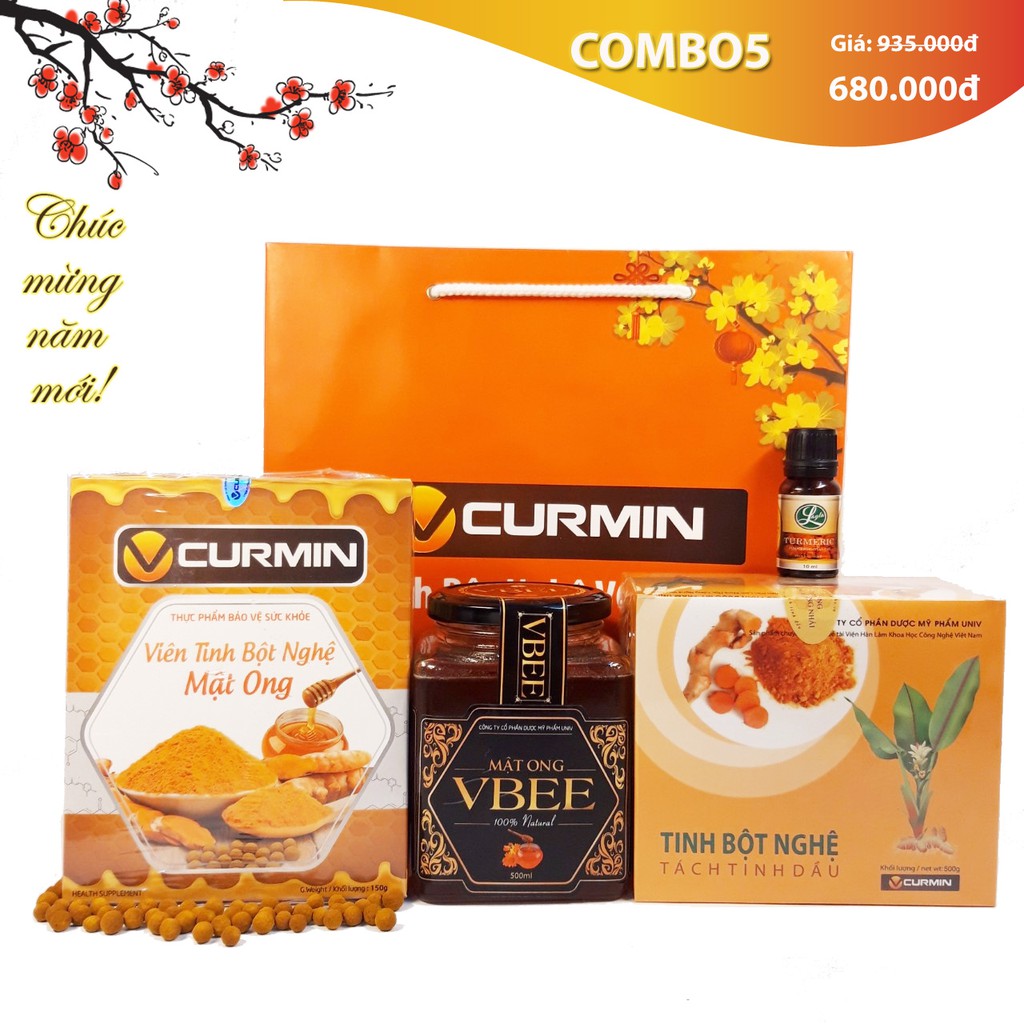 COMBO5: Viên tinh nghệ Mật ong VCURMIN 150g + 1 hộp Tinh bột nghệ VCURMIN 500g + 1 mật ong VBEE 500ml (4 sản phẩm)