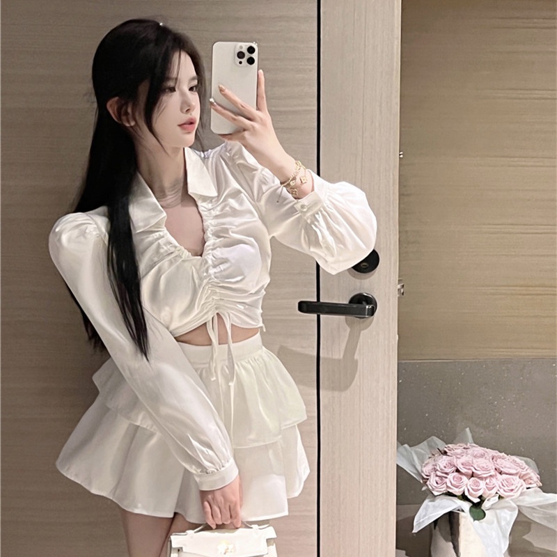 Áo Croptop Cổ v Phối Dây Rút Thời Trang Mùa Thu Quyến Rũ Cho Nữ