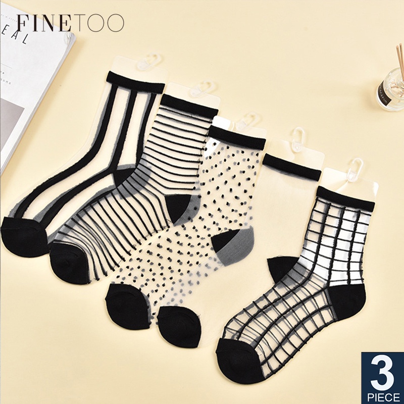 Set 3 đôi vớ FINETOO W088 phối ren hoa xuyên thấu co giãn cho nữ