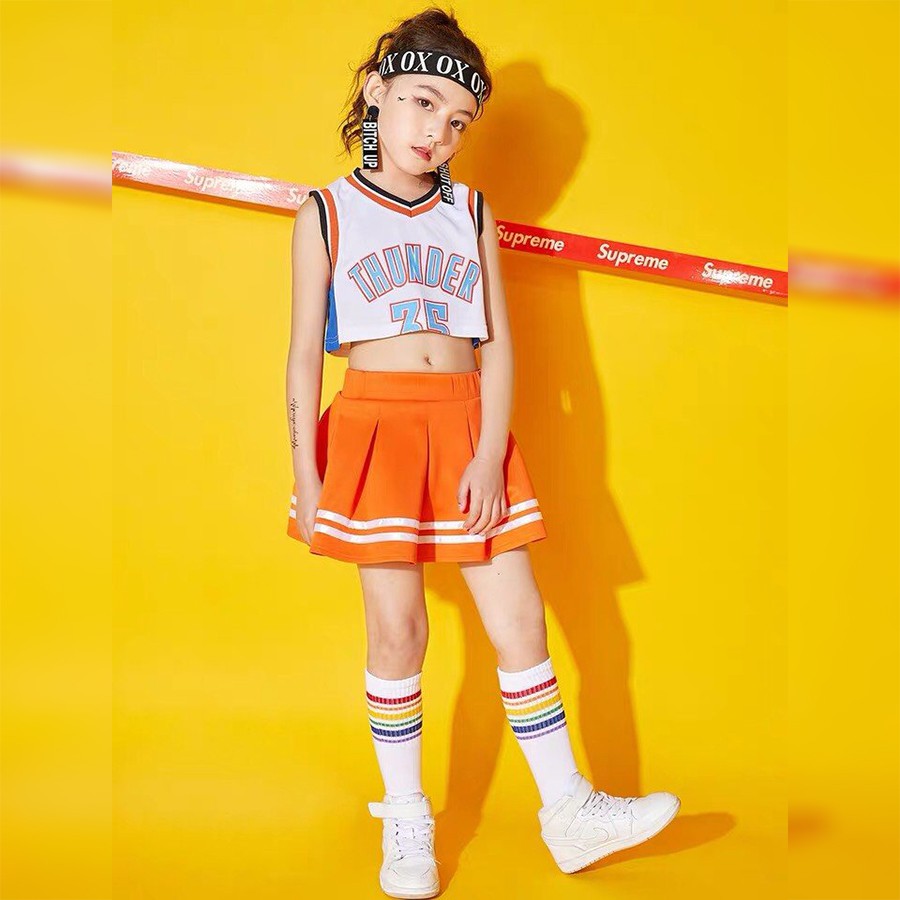 Trang phục nhảy hiện đại trẻ em - Set chân váy cam phối áo Crop Thunder 35