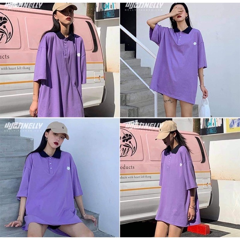 Áo thun polo màu tím hoa nhí trắng nữ - Phông tay ngắn phối cổ đen form rộng oversize Ulzzang HOT