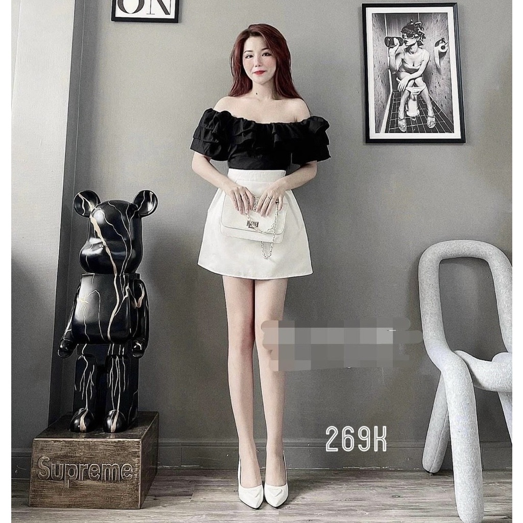 Sét bộ đồ nữ chân váy trắng cạp cao mix áo đen trễ vai cực kì đáng yêu thích hợp cho các tình yêu đi dạo phố