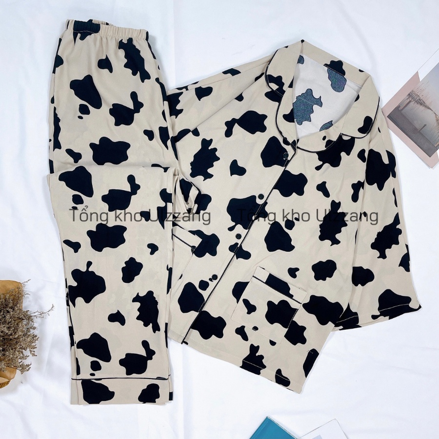 Bộ Ngủ Pijama Cánh Dơi Quần Dài Chất Lụa Hoạ Tiết Dễ Thương Kèm Dây Buộc Tóc Scrunchies