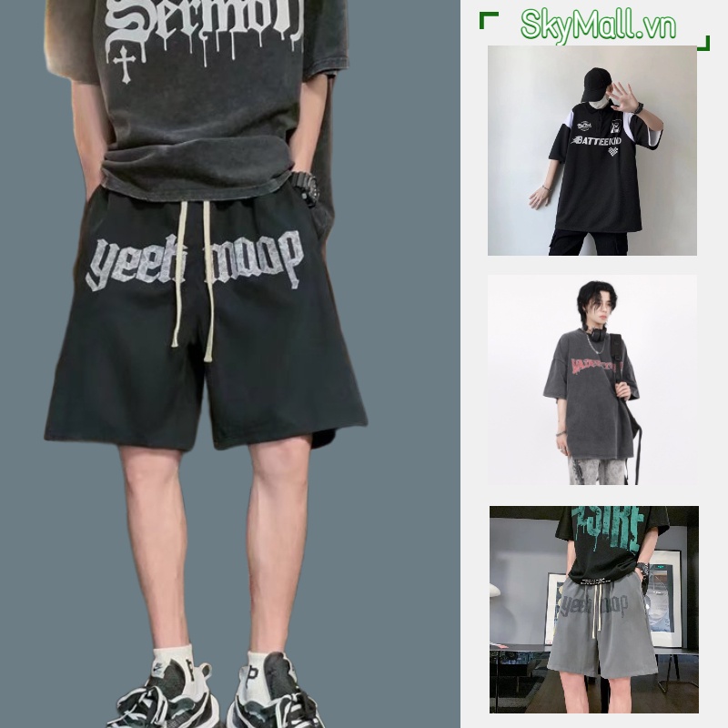 Quần Short Thể Thao Ống Rộng Màu Trơn Phối Dây Rút In Chữ Thời Trang Hàn Quốc Cho Nam