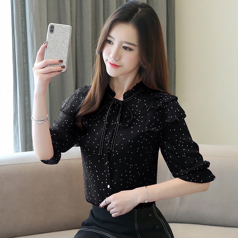 Váy Đầm Thiết Kế Cao Cấp - Áo sơ mi chấm bi nơ tay lỡ