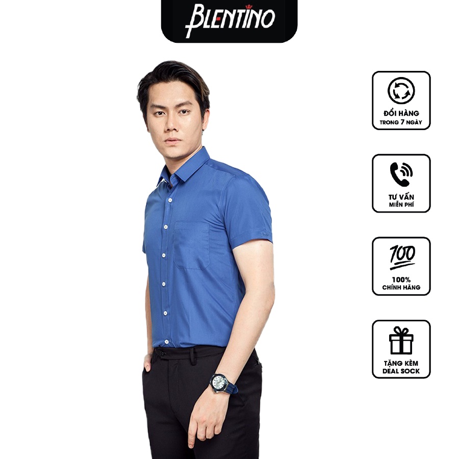 Áo Sơ Mi Nam Tay Ngắn Màu Xanh Regular Fit - Thương Hiệu Blentino - BSS09