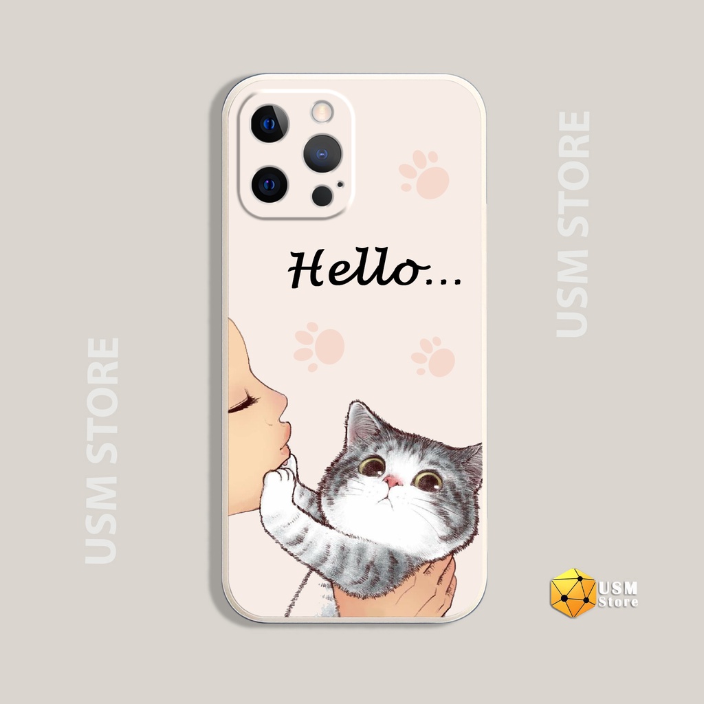 Ốp lưng iphone 11/11Pro/11Promax/12/12mini/12Pro/12Promax/13/13Mini/13Pro/13Promax viền vuông bảo vệ cam, hình mèo cute