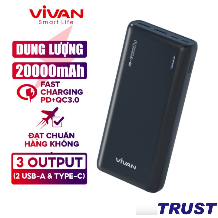 Pin sạc dự phòng Sạc nhanh VIVAN 20000mah, VPB-A20, 22.5W 2 Input 3 OutPut