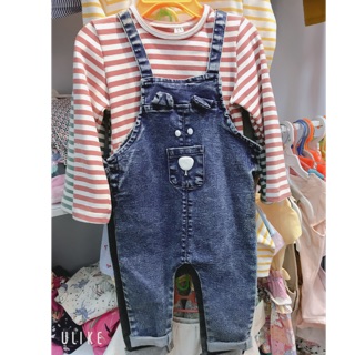 Quần yếm jean denim mặt gấu bộ set áo thun dài tay thu đông - xanh / đỏ