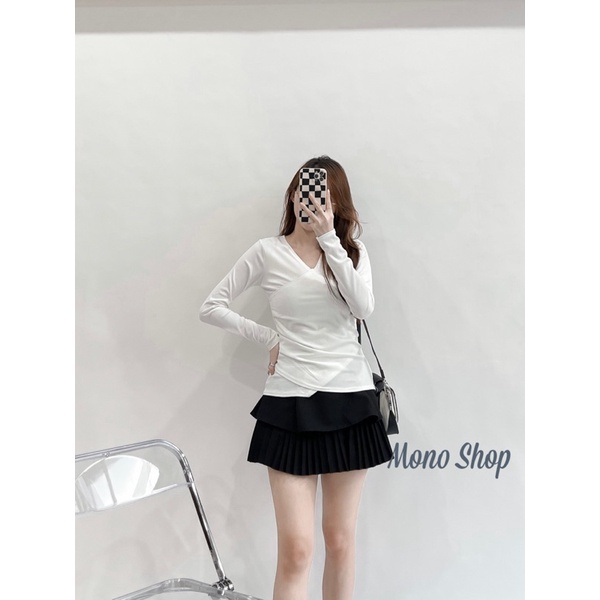 Áo thun tăm cổ đắp nhún eo khuy bên, áo thun tăm gân vạt đắp đính nút bên. Ảnh thật/ sẵn