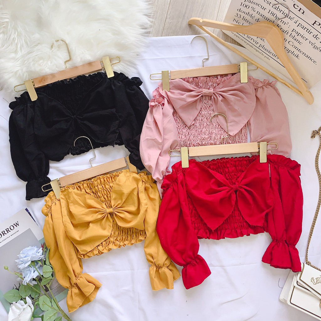 Áo kiểu trễ vai nhúm phối nơ to trước ngực cực xinh , chất kate mềm mịn