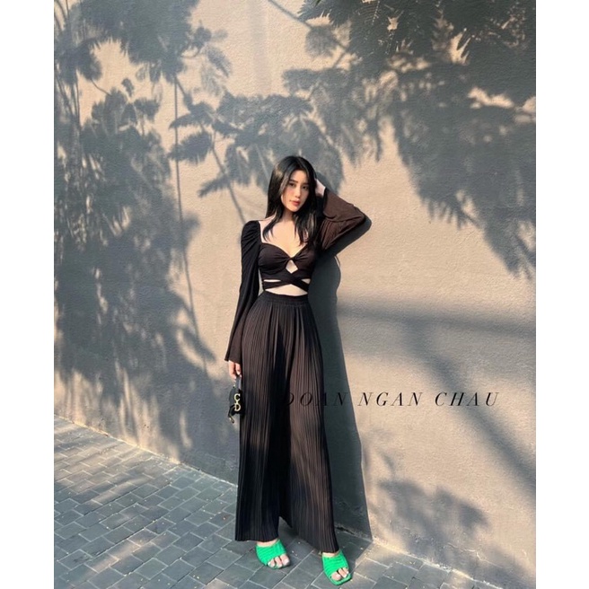 Set áo thun xoắn ngực tay loe + Quần suông dập ly