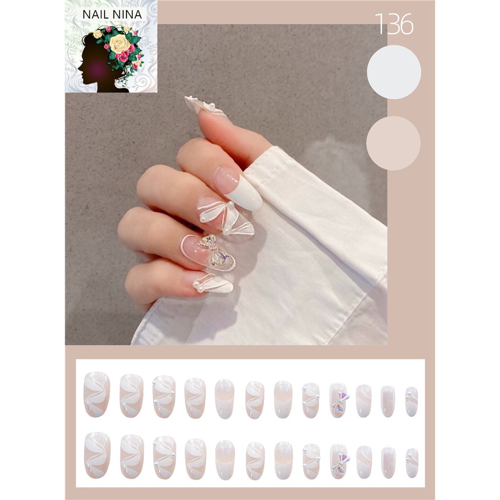 Bộ 24 móng tay giả Nail Nina trang trí nghệ thuật trắng sang chảnh mã 136【Tặng kèm dụng cụ lắp】