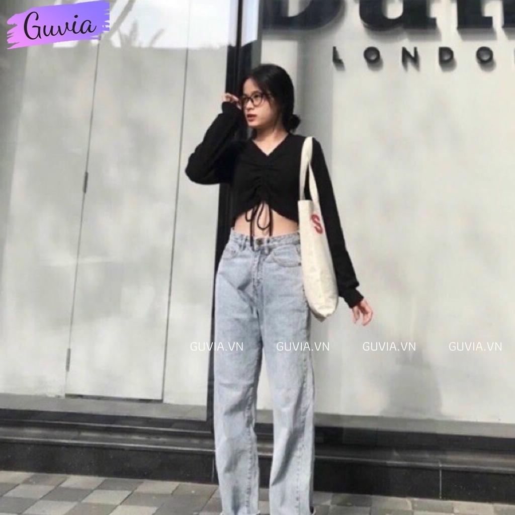Áo Croptop Tay Dài Cổ Tim Rút Dây Kiểu Nữ Ôm Body Sexy Ulzzang GUVIA