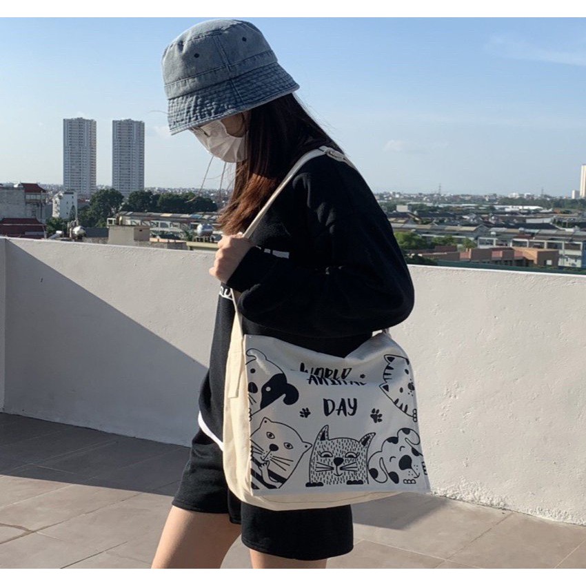 Túi đeo chéo vải canvas đựng đồ, vừa sách vở đi học hàng chất lượng phong cách Uzzang Unisex