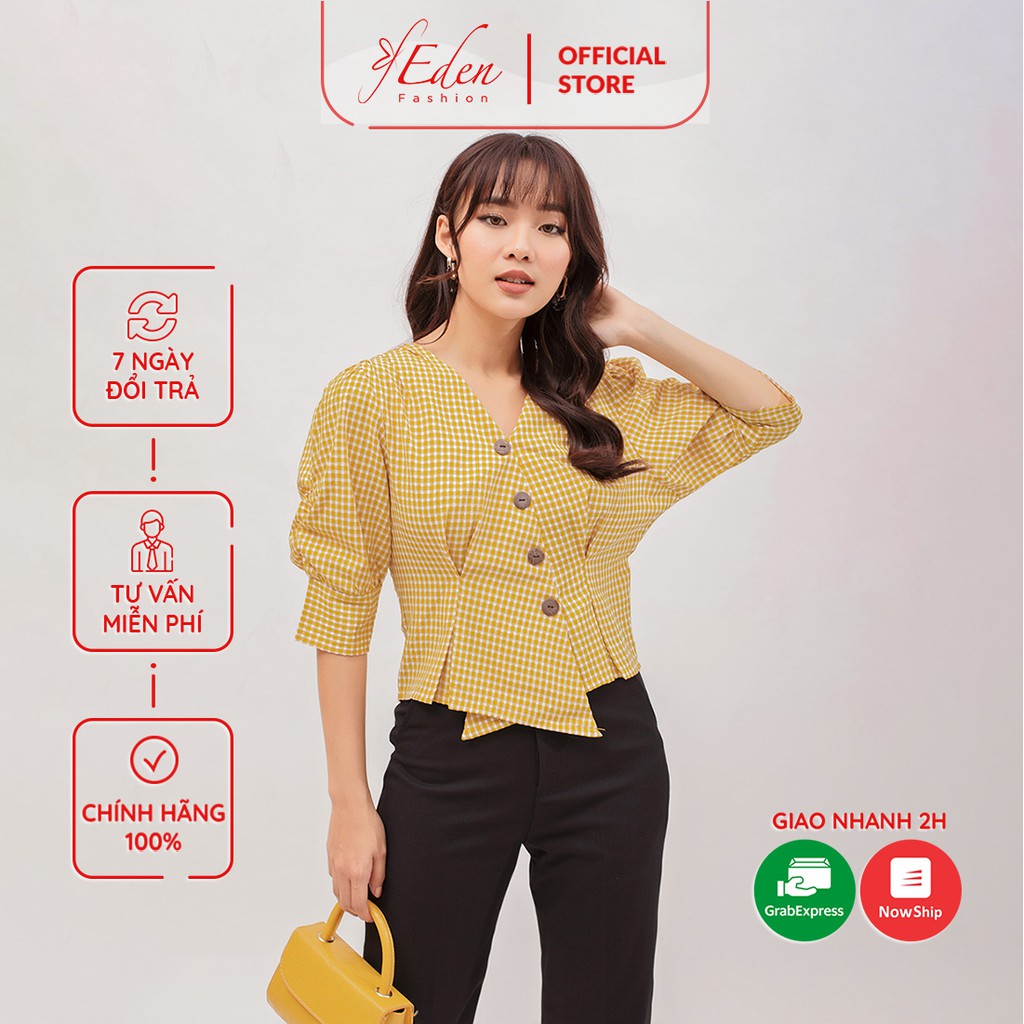 Áo kiểu nữ caro công sở tay rút xếp li eo thời trang Eden - ASM078