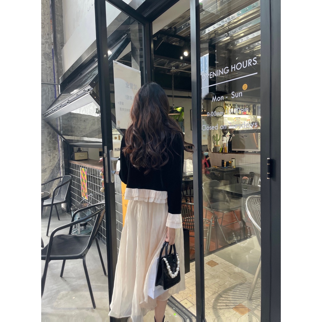 Set áo cardigan chất liệu nhung + váy lưng cao thời trang thu đông cho nữ (có bán lẻ)