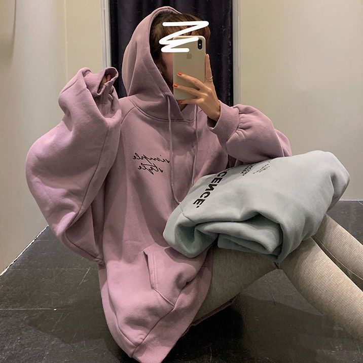 Áo Hoodie Len Lông Cừu Dày Dáng Rộng Thêu Họa Tiết Phong Cách Hàn Quốc Thời Trang Mùa Đông Cho Nữ