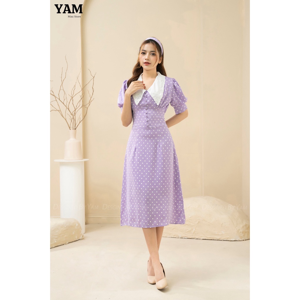 Váy chấm bi tím dáng dài phối cổ bèo trắng tay bồng size S M L XL hàng thiết kế cao cấp- Design by Kami