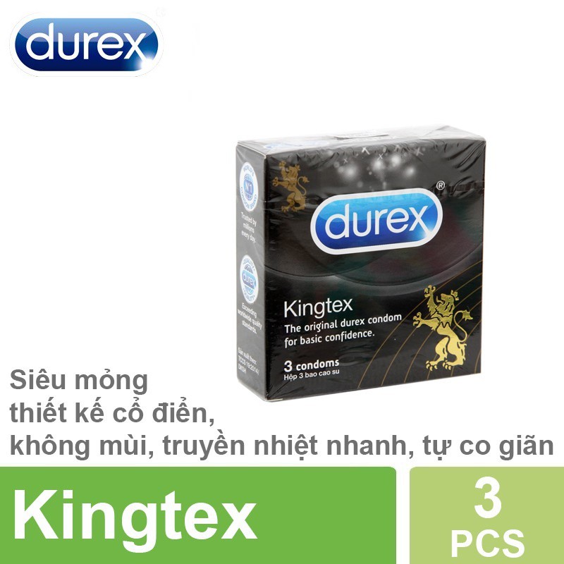 Bao Cao Su Durex Kingtex- Siêu mỏng, không mùi, tự co giãn (Hộp 3 Cái)