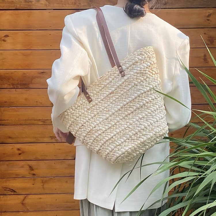 Túi Xách Cói Tote Đeo Vai Cocoqueen Cỡ Lớn Hình Thang Vintage Dây Da