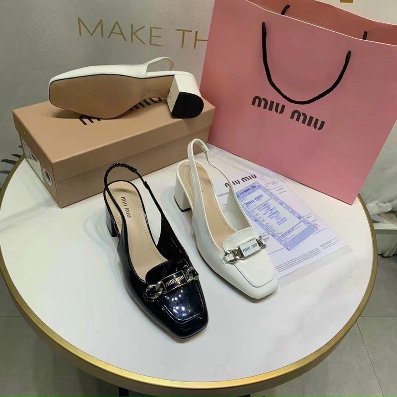 Giày Cao Gót MIUMIU Đế Vuông Hở Gót Mẫu Hot Hàng Chuẩn Fullbox Bill Hãng Xịn Sò