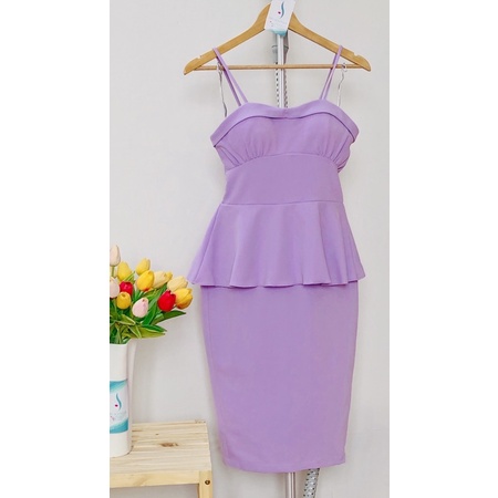 Đầm dự tiệc hai dây tím huế peplum dáng bút chì