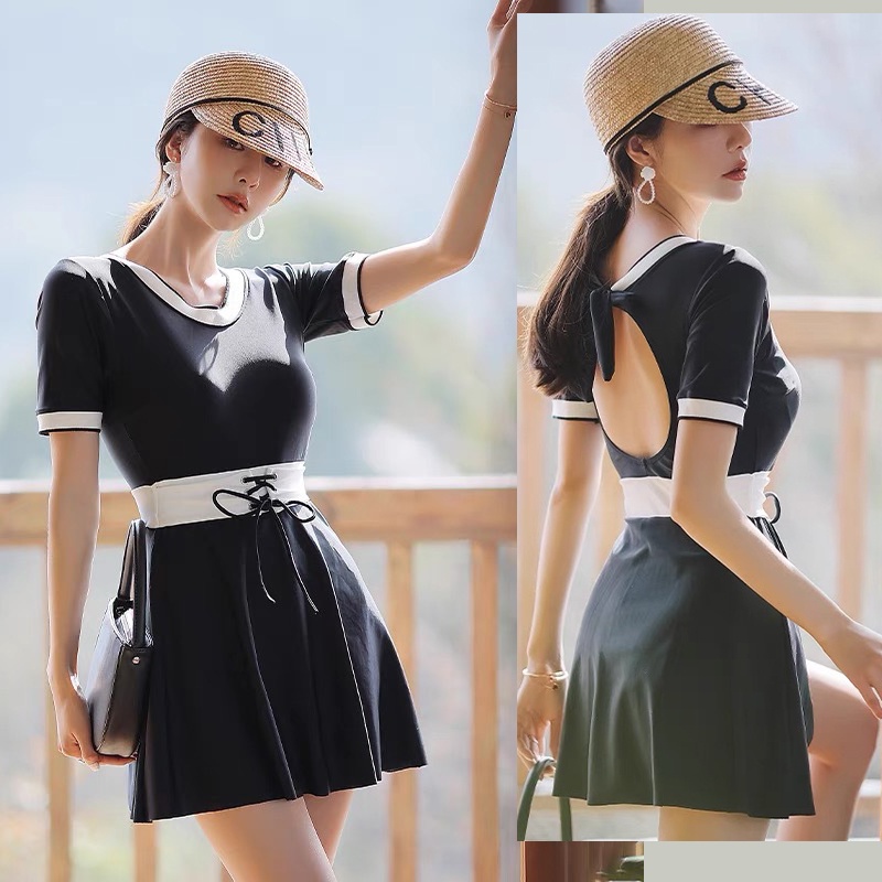 Bộ đồ bơi nữ liền mảnh váy có quần đùi trong đen viền trắng chất thun dày đẹp
