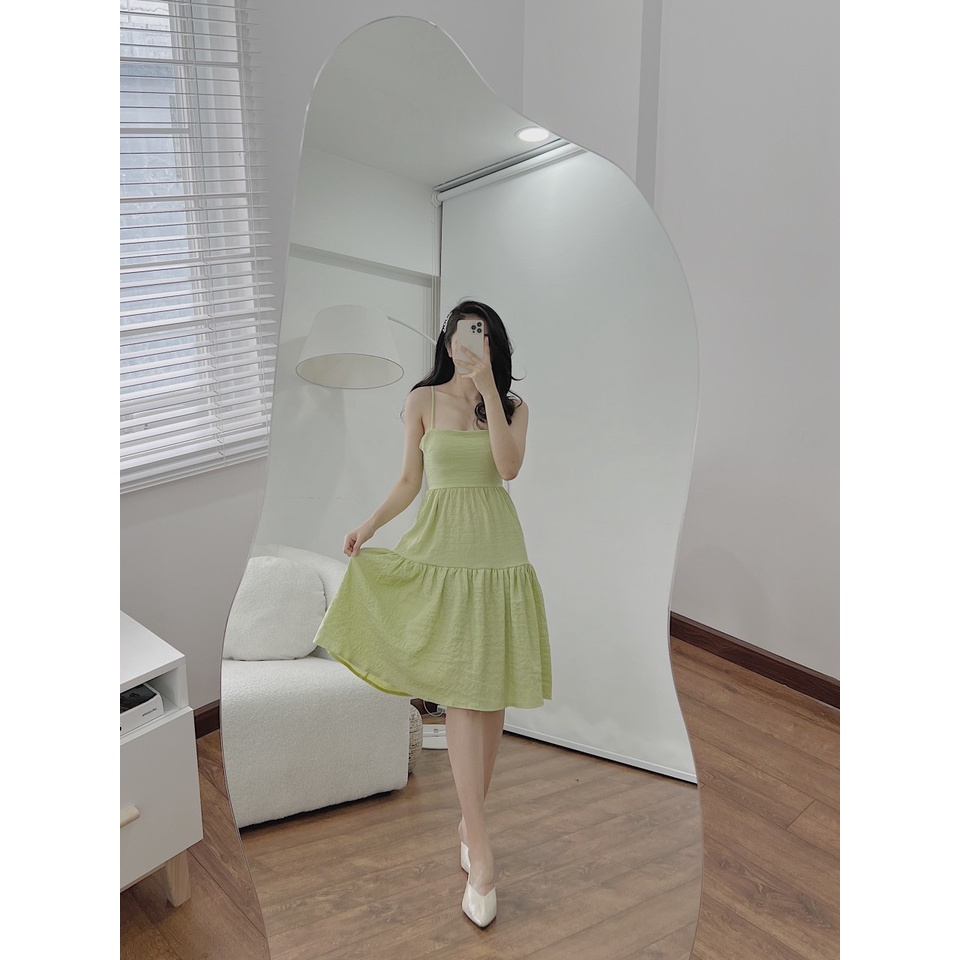 Váy babydoll 2 dây hở lưng đi biển dáng dài xòe xanh dương