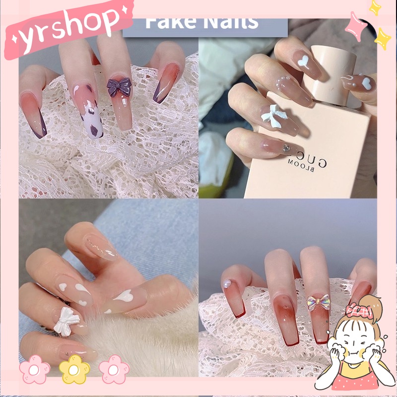 [Hàng mới về] Set 24 Móng Tay Giả Đính Ngọc Trai Có Keo Dán