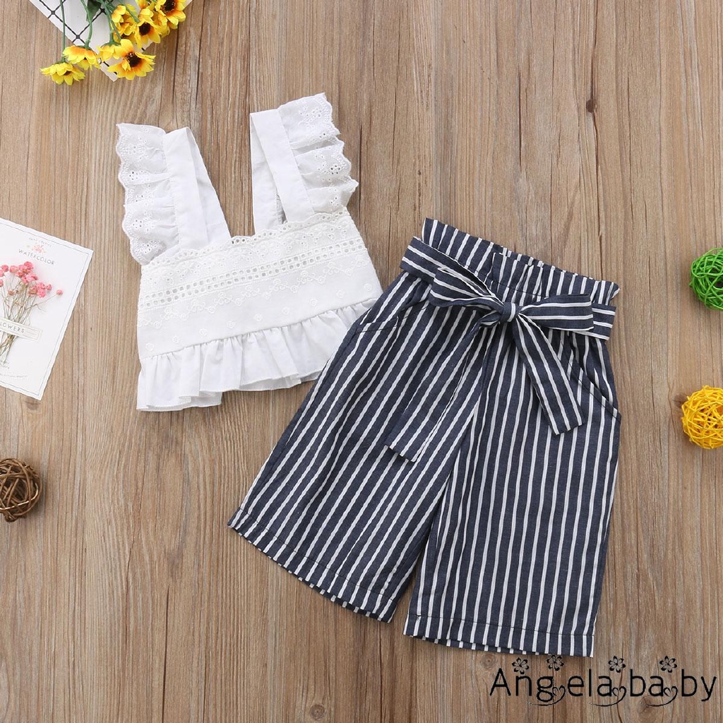 Set áo crop top và quần ống rộng họa tiết kẻ sọc sành điệu dành cho bé gái