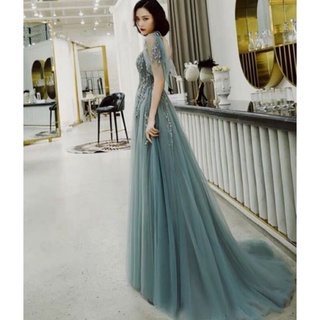 Đầm dạ hội voan xanh tay phối