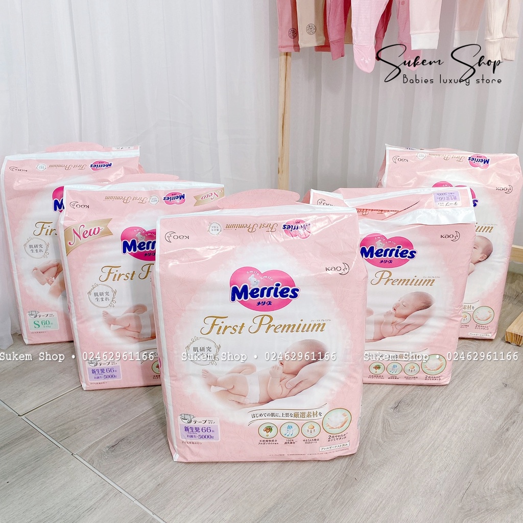 Tã Dán/ Bỉm Merries First Premium Size Newborn NB66, S60, M48 - Cao Cấp