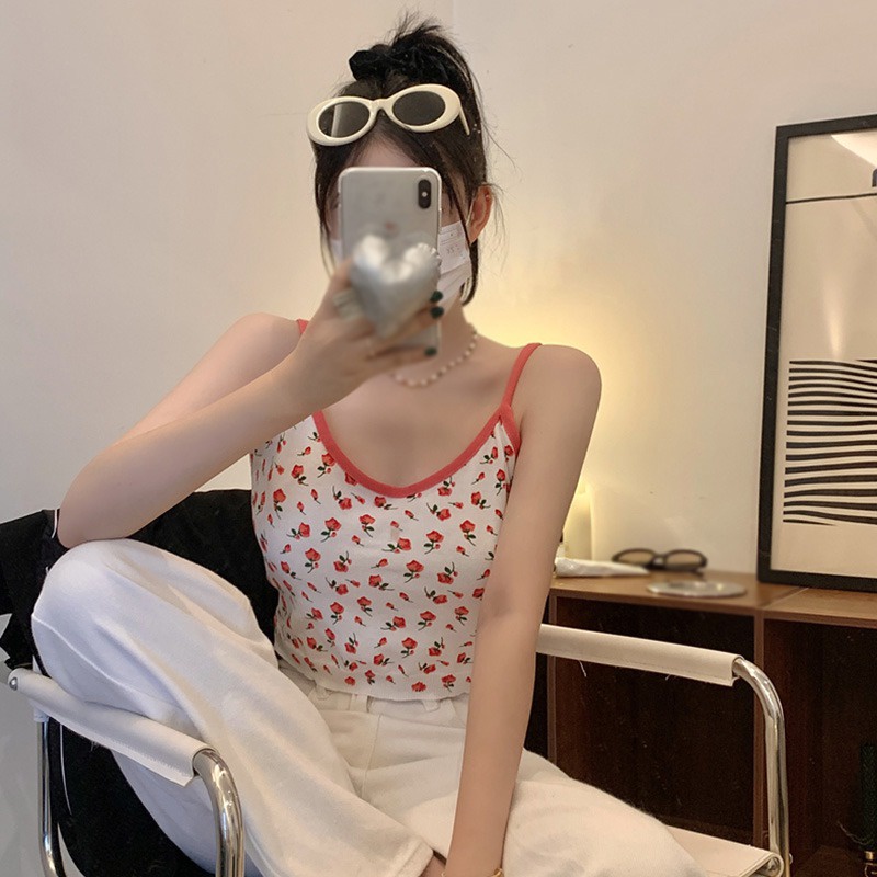 Áo Croptop Sát Nách Cổ Chữ V Ôm Dáng In Họa Tiết Hoa Nhí Xinh Xắn Phong Cách Hàn Quốc